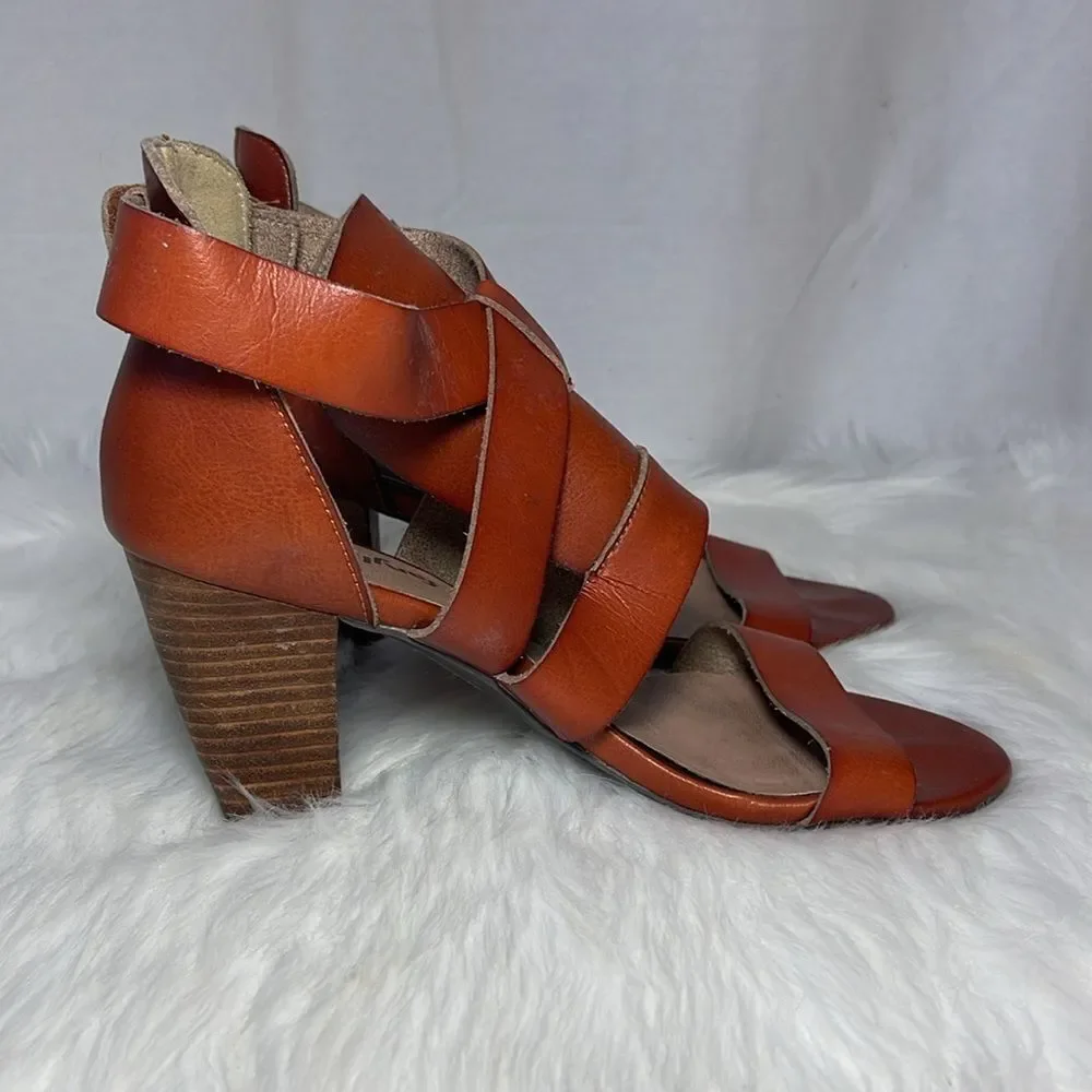 Farylrobin Cognac Leather Strappy Stacked Heel Shoes Sz‎ 7